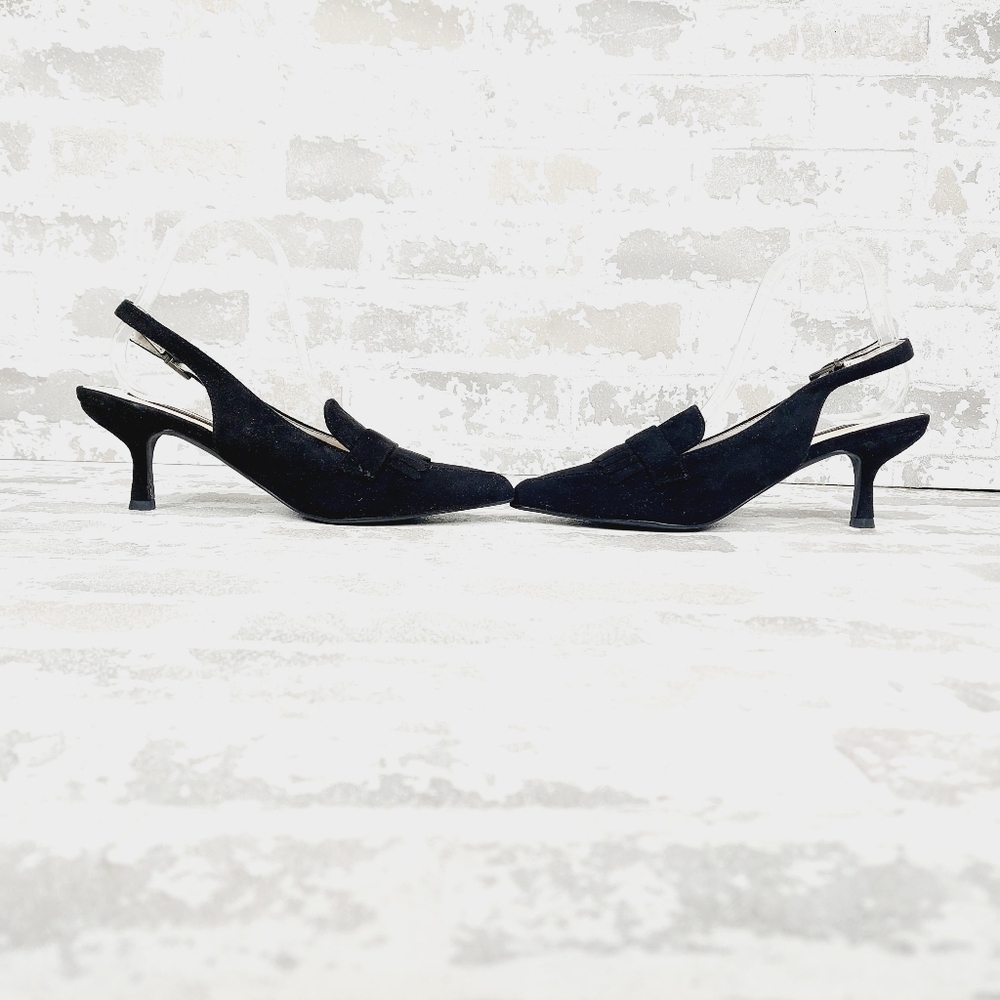 New FRENCH CONNECTION Dainty Kiltie Vegan Leather Slingback Pump In Black H293 - Picture 7 of 12